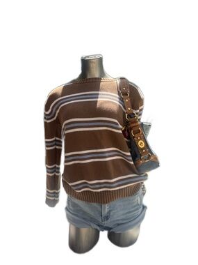 Brandy Melville Striped Brown Crewneck Sweater with Blue & White Bands